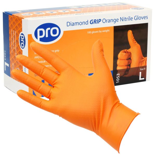 PRO Diamond Grip Orange Nitrile Gloves 100's/90's
